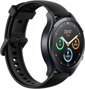 realme techlife watch r100 bluetooth calling & 1.32inch metallic dial smartwatch (black strap, free size)
